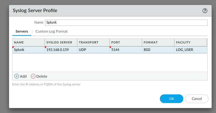 Palo Alto  Syslog Server Profile