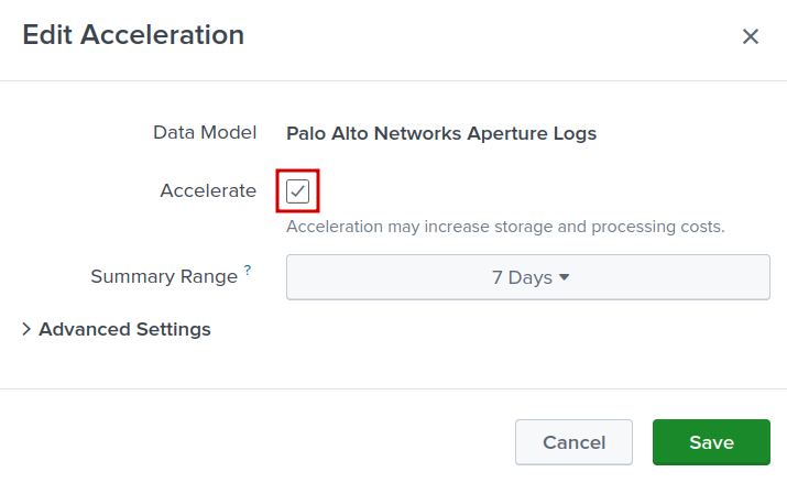 Data model Acceleration checkbox